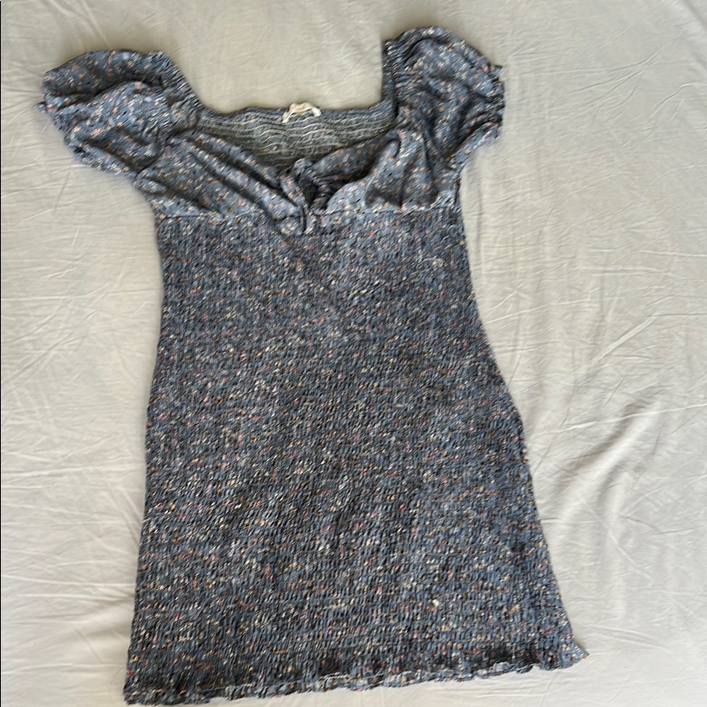 Blue Textured Short Sleeve Dress